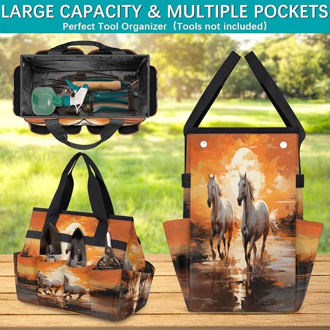 Sunset Horse Garden Tool Bag for Women Men Garden Storage Tote Bag with 10 Pockets &amp Handle Gardening Tool Organizer for Garden Patio Indoor Outdoor