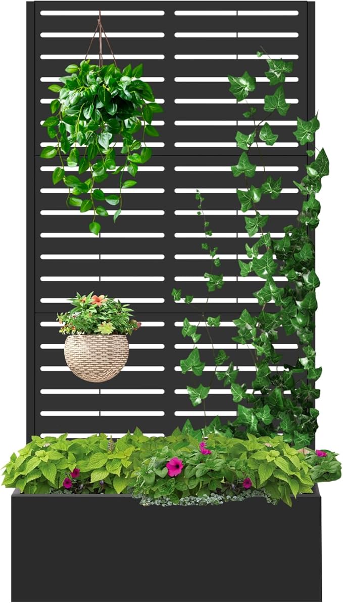 Metal Raised Garden Bed with TrellisPlanter Box for Climbing Plants Vegetables &amp Vines Features Drainage Holes and Privacy Screen.raised garden beds outdoor planters for porch (Black 71x35x1