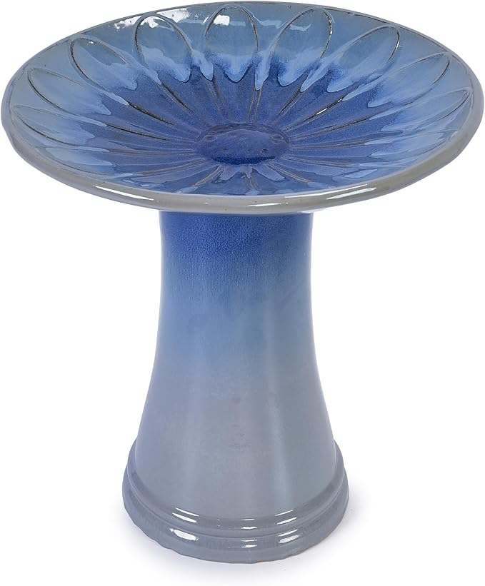 17'' Ceramic Bird Bath for Outside Elegant Tall Outdoor Bird Bath Lightweight Pedestal Glazed Birdbaths for Outdoors with Floral Pattern Blue Ombre