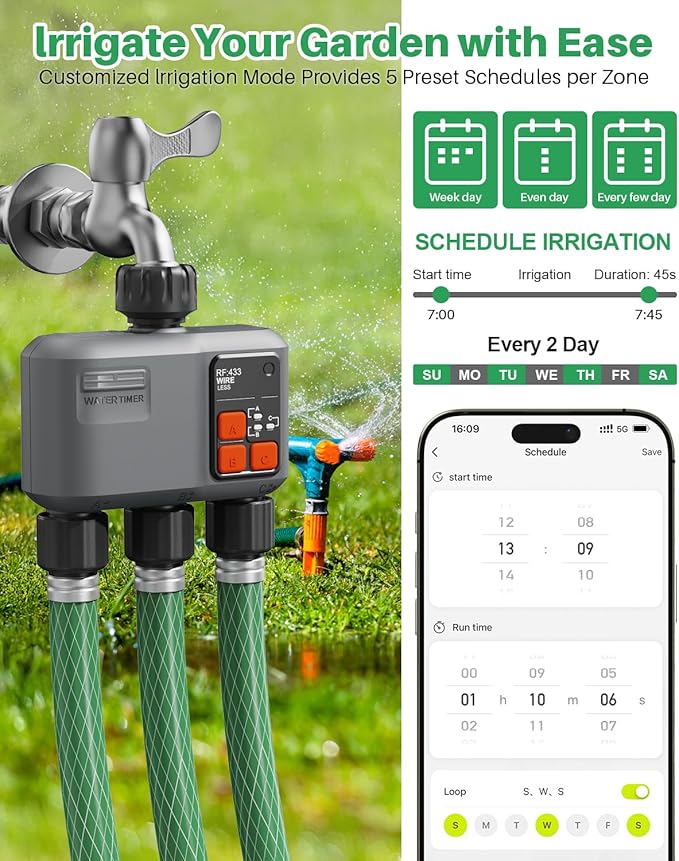 WiFi Sprinkler Timer 3 Zone with 984 Feet RF Gateway 3 Outlet Smart Water Timer for Garden Hose with Rain Delay/Manual/AutomaticWiFi Water Hose Timers for Garden &amp Lawns