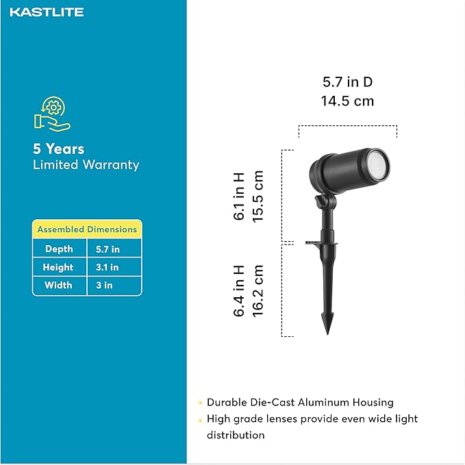 KASTLITE 3.6W 400LM LED Spot/Flood Light with Black Finish for Pathway Garden Yard | 12V Soft White 3000K Integrated LED Adjustable Beam Outdoor Spotlight | IP65 Waterproof | Single Unit