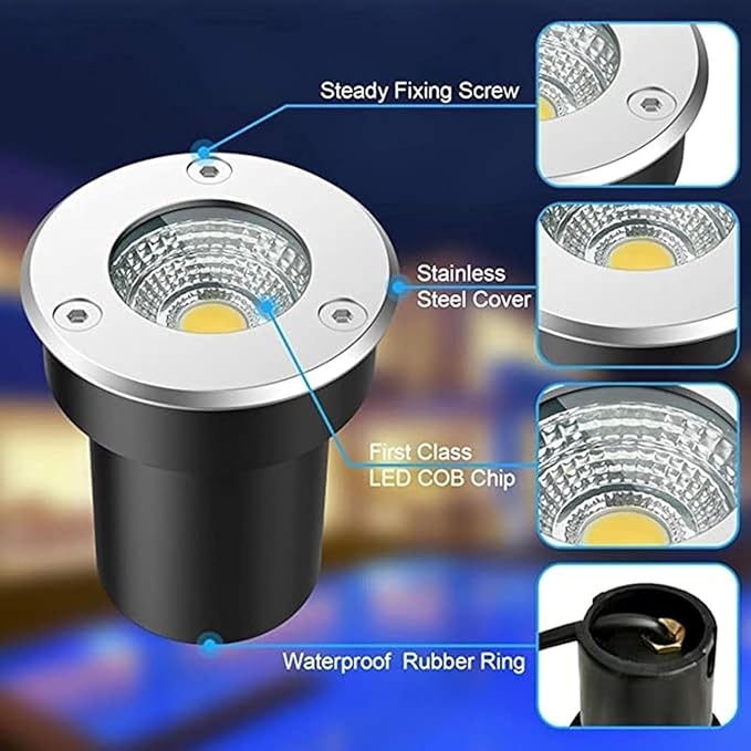 4pcs Outdoor 3W Round Floor Lamp LED Beam Spotlights Underground Well Light COB Mini Landscape Light IP67 Waterproof Landscapes Lighting Flood/Step Garden LightWhite-3W()