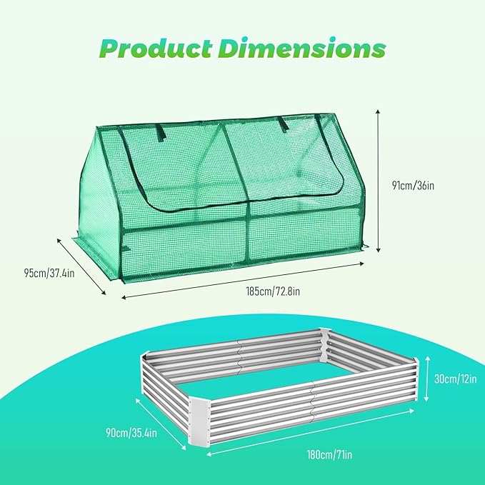 Galvanized Raised Garden Bed with Small Greenhouse for Outside 6x3x1ft High-Density PE Plant Cover with 2 Large Screen Windows Metal Planter Box for Vegetable Flower Herb Succulent