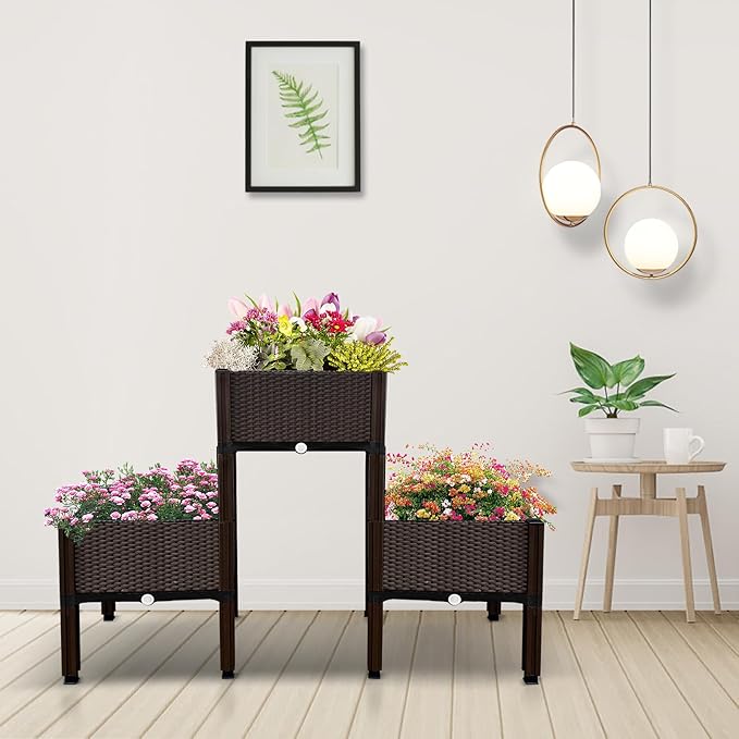 MAYOLIAH Raised Garden Bed with Drainage Elevated Planter Box Plastic Raised Beds for Gardening Vegetables Herb Flowers Perfect for Indoor Outdoor Planting 3 Boxes Brown