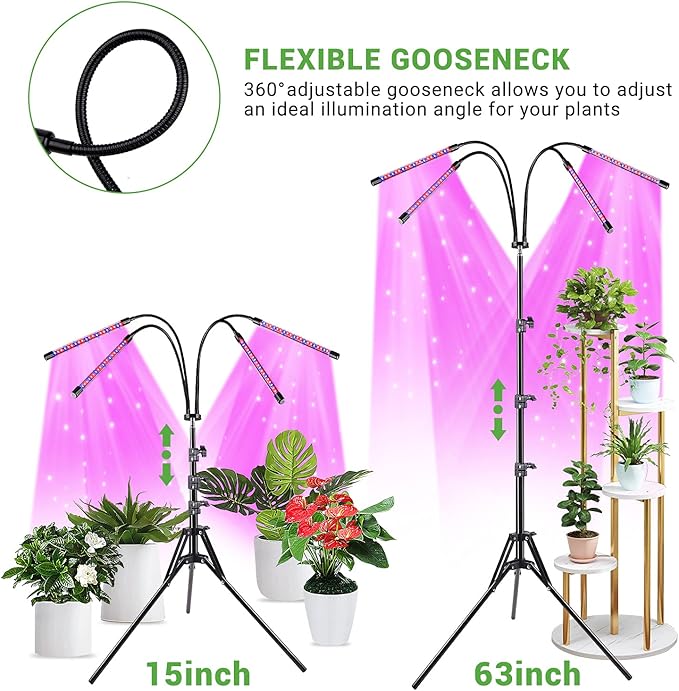 Grow Lights 80 LED Floor LED Grow Lamp with Stand Tripod Adjustable Plant Light with Red Blue Spectrum for Indoor Tall &amp Large Plants 4/8/12H Timer 3 Light Modes 10 Dimmable Levels