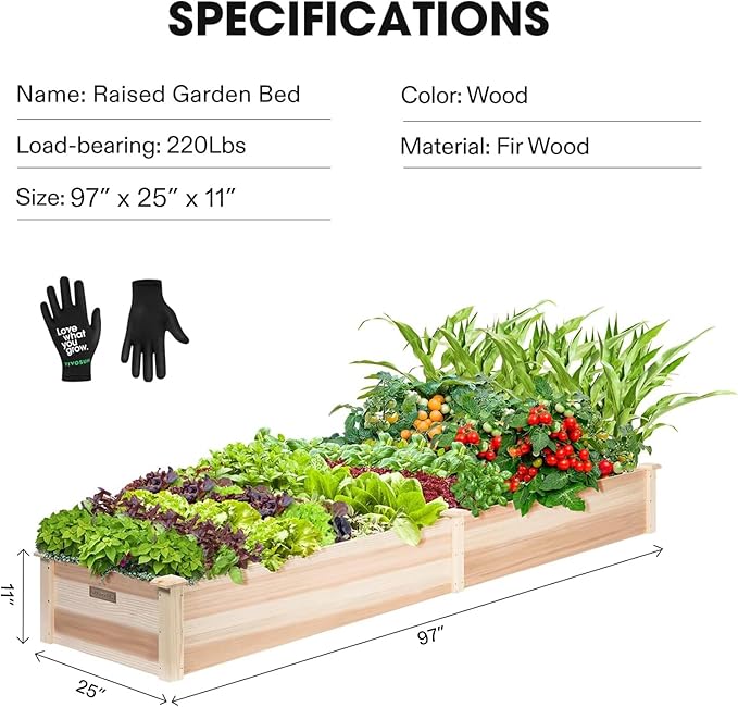VIVOSUN 8×2Ft Wooden Raised Garden Bed 97 x 25 x 11 Inches Outdoor Wood Planter Box with Gloves and a Liner for Garden Patio Balcony Backyard and Outdoors