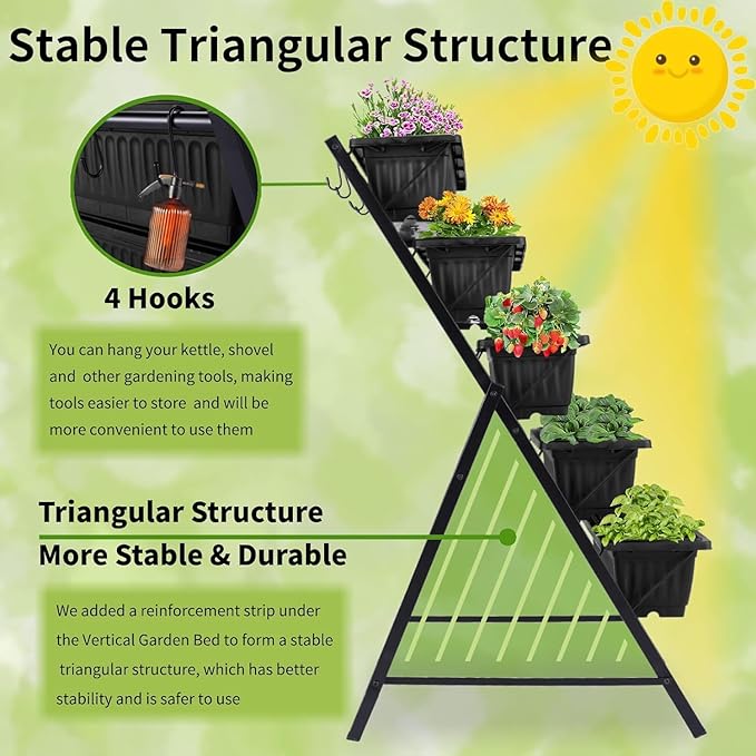 Homdox 2 Pack Vertical Garden Bed 5 Tiers Vertical Raised Garden Planter 23 * 26 * 45Inch Outdoor Garden Raised Bed with 4 Hooks Vegetable Flower Planter Raised Stand for Garden Patio Yard Black