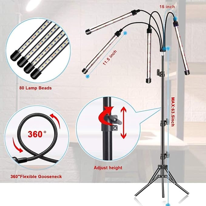 80W LED Full Spectrum Grow Lamps with Tripod Dimmable 9 Level Brightness Greenhouse Flower Adjustable Floor Plant Growing Lights with Timer Remote Control
