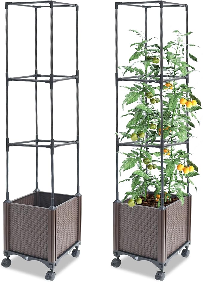 Raised Garden Bed with Tomato Planter Cage50.4 Self Watering Tomato Planter with Plastic Coating Steel Pipe for Climbing Vine Flowers Outdoor Tomatoes Cage with Trellis Wheels 1Pack