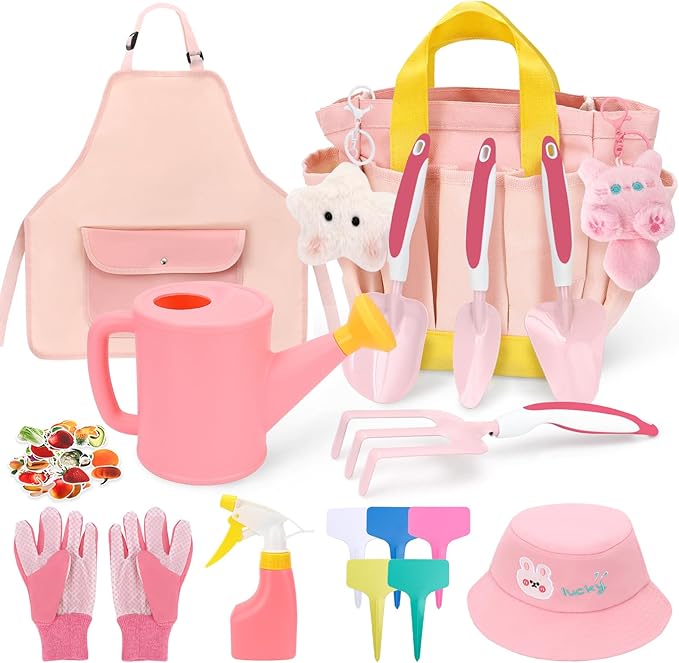 Kids Gardening Tools SetGardening Tools for KidsToddler Gardening Tools with Gloves Watering Can Metal Shovel Rake Spade &amp Storage Bag Garden Book and More Educational STEM Learning for Gir
