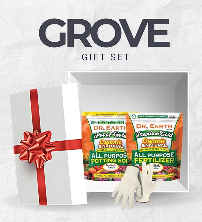 Dr. Earth Organic Fertilizer Flowers/Fruits/Vegetables Bundle with Organic All Purpose Potting Soil + Work Gloves – Gift Set (3 Items)