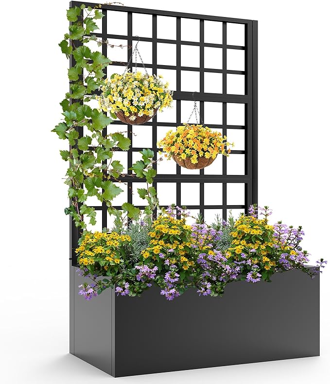 Metal Planter Box with Trellis - 63*31.5*15.8 Plastic-Coated Rustproof Trellis Planter Raised Garden Bed with Trellis Privacy Screen with Planter Box for Garden Balcony Patio