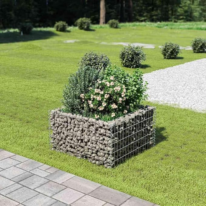 YAFF Square Gabion Raised Bed Galvanized Steel 35.4 x 35.4 x 19.7 inches Outdoor Garden Planter Silver