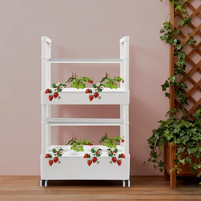 DYRABREST 2-Tier Hydroponic Growing System with LED Grow Lights 28-Hole Indoor Herb Garden Kit with Water Pump Auto Circulation Wheels for Home Kitchen Office (White)