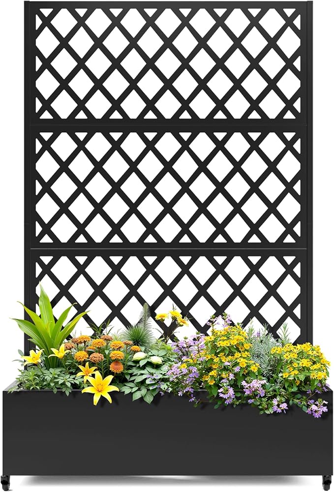 Metal Planter Box with Trellis Planter Box with Privacy Screen Privacy Trellis Outdoor for Climbing Plants with Drainage Holes Raised Garden Bed with Wheels