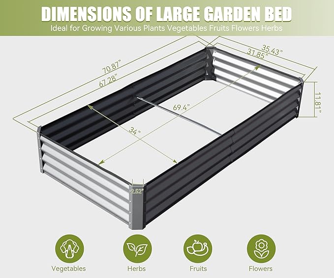 6x3x1ft Galvanized Raised Garden Bed Outdoor Planter Garden Boxes Large Metal Planter Box for Gardening Vegetables Fruits Flowers Silvery