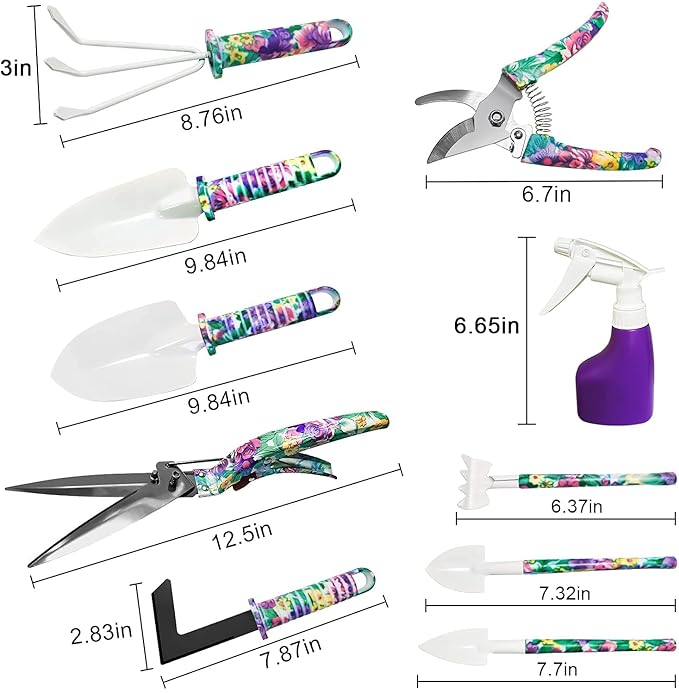 Garden Tool Set 11 Pcs Gardening Tools Purple Floral Print. Best Gift for Women: Handle Trowel Rake Pruning Shear Sprayer Shovel and Gloves That Includes a Pruning Shears Carrying Case