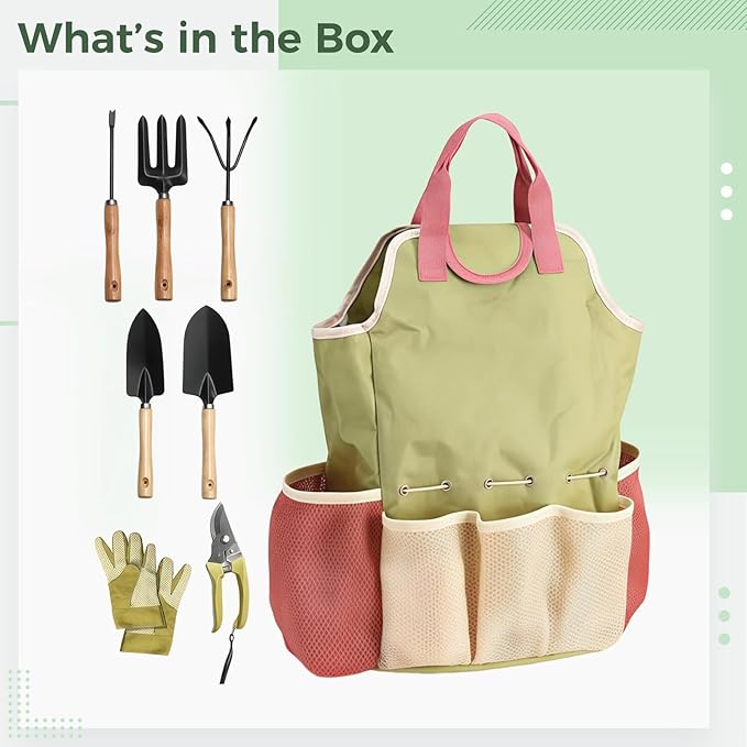 Garden Tool Set 9 Pcs with Wooden Handles Gift for Women &amp Men Includes Tote Bag Transplanter Fork Rake Trowel