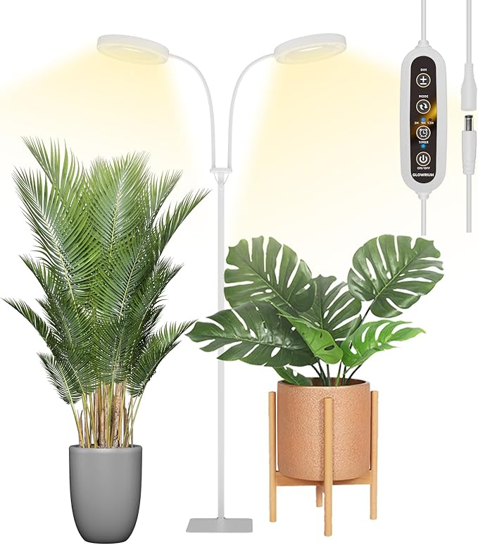 GLOWRIUM Grow Lights for Indoor Plants Full Spectrum LED Grow Light Floor Lamp with Stand Adjustable Height and Angle Black Plant Light with 3/9/12H Grow Light Timer (White 36W)