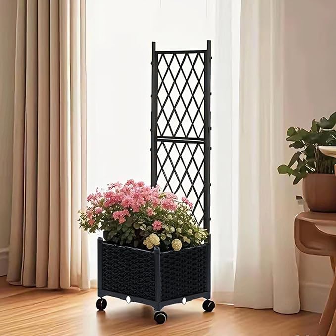 lalahoni Planter with Trellis 4ft Tall Trellis Planter Box with Lockable Wheels for Outdoor Plants Tomato Flower Vegetable Herb Vine Resin Self-Watering Raised Bed with Trellis &amp Drainage Hole