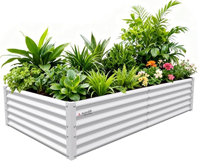 A ANLEOLIFE 6X3X1.5 ft Galvanized Raised Garden Beds Outdoor Rectangular Metal Planter Box for Planting Vegetables Flowers Herb Anti-Rust &amp Easy-Setup Antique White