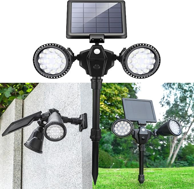 Solar Spot Lights Outdoor Waterproof Double Head Adjustable Bright LED Solar Motion Sensor Lights for Outside Garden Flag Pole Light Landscape Lighting for Patio Deck Yard Driveway