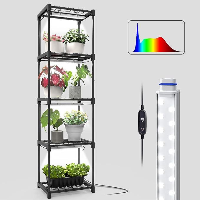 Plant Shelf with Grow Light 5 Tier Plant Stand with Grow Light Metal Plant Rack with 4 Pack 36W Plant Light for Indoor Plant Seed Start Seedling Seed Trays 11.8 W x 15.7 L x 59 H