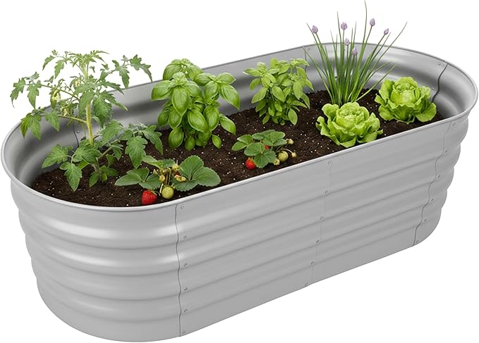 Relaxdays Raised Bed Galvanised Metal Flowers Plants &amp Vegetables H45 x W150 x D60 cm Oval Plant Bed Light Grey
