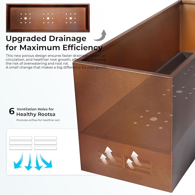 Worth Metal Planter Box with Insert Plate &amp Drain Holes Indoor or Outdoor Use No Assembly Required 30 x 11 x 13 14.3 Gallons Matte Bronze