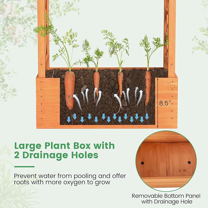 Nightcore Raised Garden Bed with Trellis Wooden Flower Rack with Double-Sided Grid Hanging Roof &amp Drainage Holes Outdoor Garden Planter for Flowers Vegetables Climbing Vines (1)
