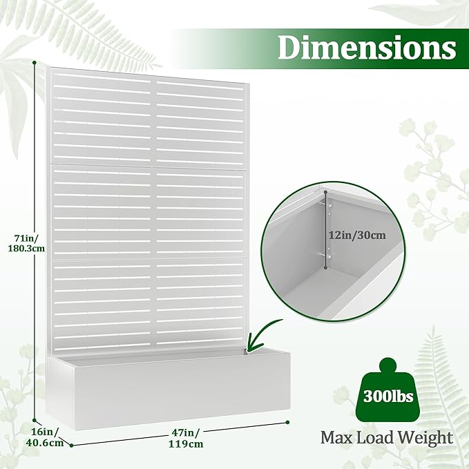 Metal Raised Garden Bed with Trellis 2 in 1 Trellis with Planter Box &amp Privacy Screen for Climbing Plants Vine Outdoor Standing Flower Beds with Drainage Holes 47 L x 16 W x 71 H White