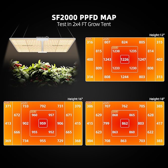 Spider Farmer SF2000 200W LED Grow Light for Indoor Plants Upgraded High Efficiency LEDs Dimmable Full Spectrum High PPFD Deep Penetration for Seed Starting/Vegetables/Bloom in 2x4 Grow Tent