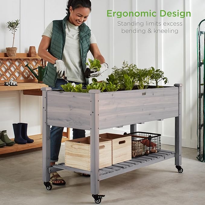 Best Choice Products Raised Garden Bed 48x24x32-inch Mobile Elevated Wood Planter w/Lockable Wheels Storage Shelf Protective Liner - Gray