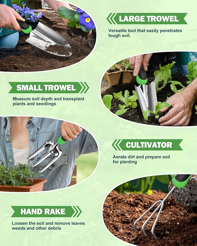 Garden Tools Set 8 in 1 Heavy Duty Garden Tools Kit Stainless Steel Ergonomic Gardening Hand Tool with Upgraded Bag Gardening Supplies Gift for Women Kid Organizer