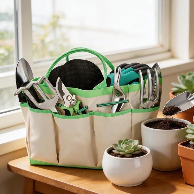 Green Garden Tools Set 12-Piece Heavy Duty Steel Gardening Tools with Canvas Water-Proof Storage Bag 12 Trowel Transplanter Weeder with Non-Slip Soft Handles Perfectly Meets Your Various Needs
