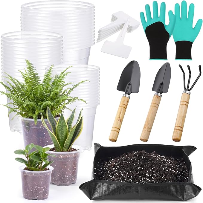83 Pcs Garden Supplies Tools Kit 5/6/7 Inch Clear Plastic Plant Pots with Transplanting Mat Trowel Cultivator Rake Set Label &amp Glove Succulent Tools Gift for Plant Lovers Accessory