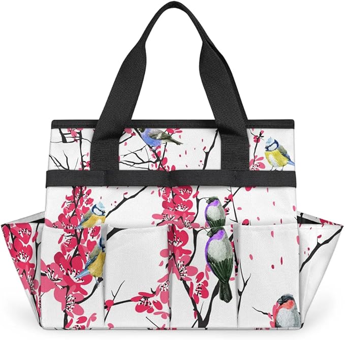 Garden Tool BagFloral Bird Tree Branch Gardening Organizer Bag With Pockets Garden Tool Kit Storage Tote for Women Men Garden Tool Set Holder