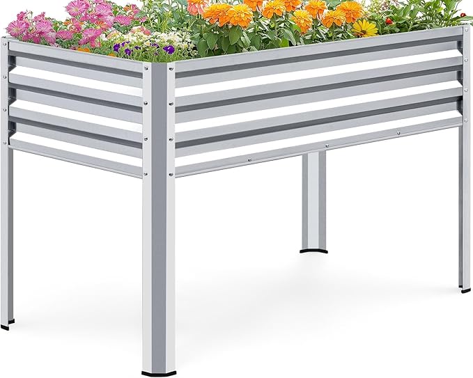 KING BIRD Large Raised Garden Bed with Legs Galvanized Elevated Planter Box 48×24×32 in for Backyard Patio Balcony 400lb Capacity Silver