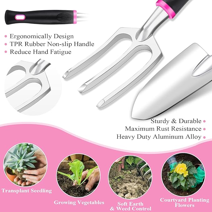 Pink Garden Tool Set Gardening Items for Women - 24PCS Heavy Duty Garden Tools with Detachable Storage Bag Succulent Tool Set Weeder