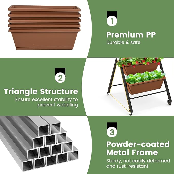 Giantex Vertical Raised Garden Bed on Wheels 5-Tier Elevated Planter Boxes Garden Beds with Drain Hole Freestanding 5 Containers for Herb Vegetables Flowers Growing Indoor Outdoor Patio Balcony