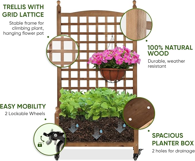 IDZO 50 Inches Height Raised Garden Bed with Trellis Durable Oil Coated Planter with Trellis Vertical Gardens Outdoors with Lockable Wheels and Convenient Non Woven Lining