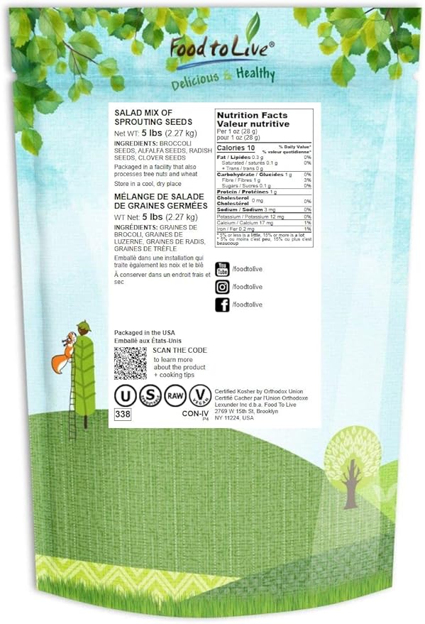 Food to Live - Salad Mix of Sprouting Seeds 5 Pounds Broccoli Clover Radish Alfalfa Kosher Raw Vegan
