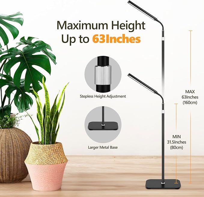 Grow Lights for Indoor Plants Full Spectrum with High Aluminum Stand31.5-63in Height AdjustablecAuto Timer Flexible Gooseneck10-Level Dimmable Floor Lamp for Small Tall Large Plant Growth