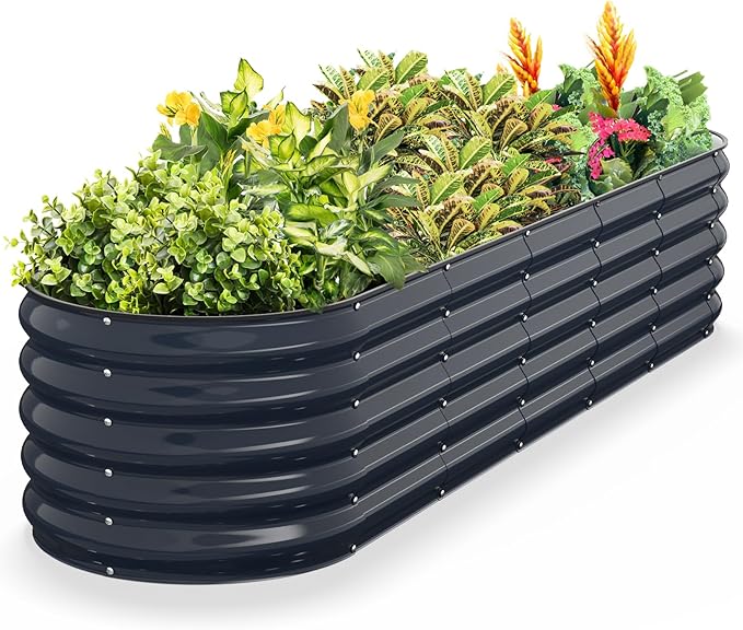 Kesfitt Raised Garden Bed Metal Galvanized Steel Oval Garden Bed 8x2x1.5 ft with 18-Inch Deep Open-Bottom Design for Outdoor Vegetable Gardening Midnight Blue
