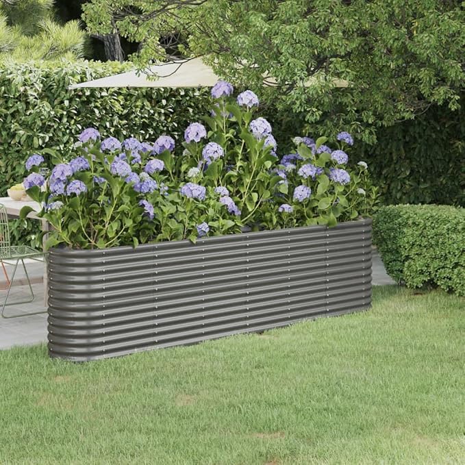 Garden Raised Bed Grey Powder-Coated Steel Large Oval Planter Durable Outdoor Garden Bed for Vegetables Flowers Herbs 102.4x15.7x26.8 Inch