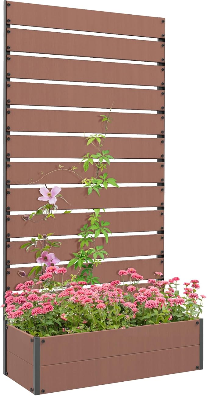 Outsunny Raised Garden Bed with Trellis for Climbing Plants Planter Box with Self Draining Gap Freestanding Trellis Planter for Outdoor Patio Deck 35.75 x 15 x 70.75 Light Brown