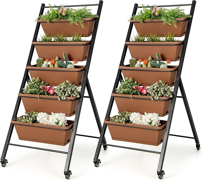 HAPPYGRILL Vertical Raised Garden Bed 5-Layer Freestanding Garden Planter with Drainage Holes Container Boxes Elevated Planter Box for Herb Vegetable Flower Growing (2 Brown)