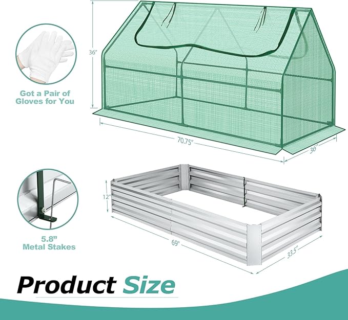 SEJOV 6x3x1ft Galvanized Raised Garden Bed with Cover &amp 2 Large Windows Mini Greenhouses for Outdoors Metal Planter Box Kit for Vegetables Flowers Herbs 1 Pair of Gloves Included Green