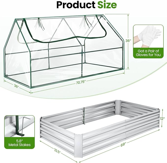 SEJOV 6x3x1ft Galvanized Raised Garden Bed with Cover &amp 2 Large Windows Mini Greenhouses for Outdoors Metal Planter Box Kit for Vegetables Flowers Herbs 1 Pair of Gloves Included Clear