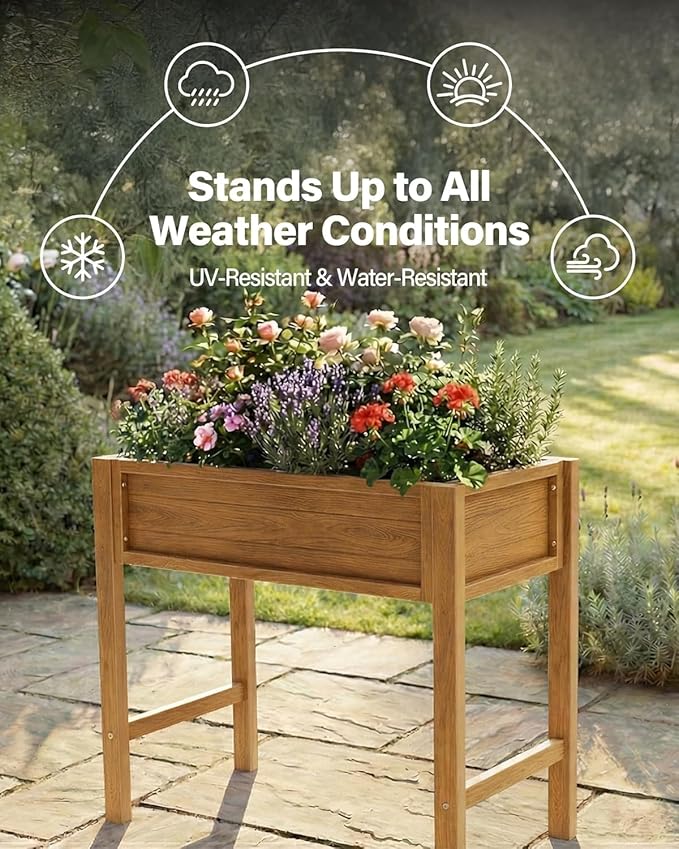 YEFU Raised Garden Bed Outdoor: 34x18x30in Teak HIPS Elevated Planter Box with Legs for Vegetables Herbs Flowers - Patio/Balcony/Backyard Gardening - Accessible Solution for Knee and Back Comfort